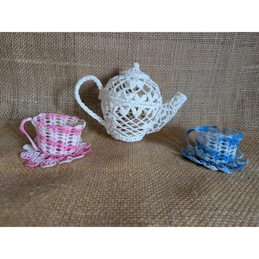Handmade Stiffened Crochet Doily Tea Set Teapot Teacups Saucers Pink Blue White